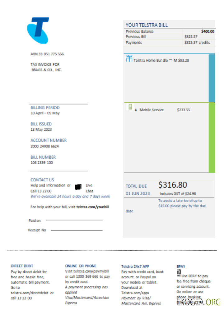 Facture commerciale des services publics de télécommunications de Telstra Group Limited, SCR